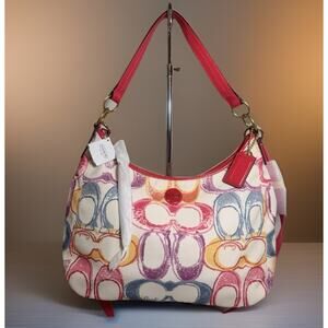 NWT Rare find Coach F21915 Scribble Print Canvas Hobo Multicolor Signature C